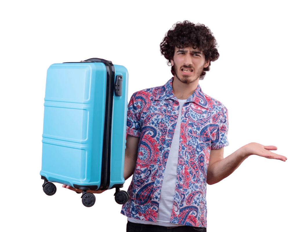 annoyed-young-handsome-curly-traveler-man-holding-suitcase-showing-empty-hand-isolated-pink-space