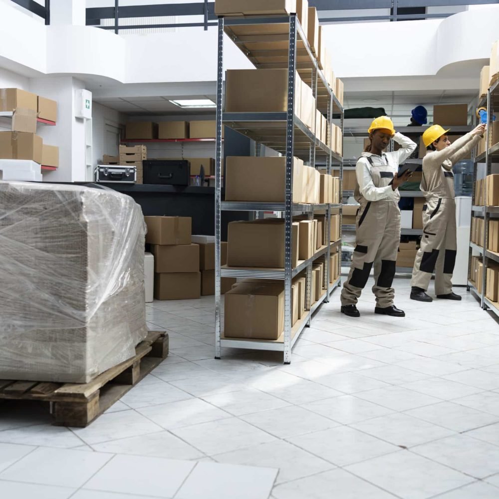 Modern depot space used for shipment handling and supply chain support. Employees focusing on quality control, inventory management and safe transportation of goods in warehouse