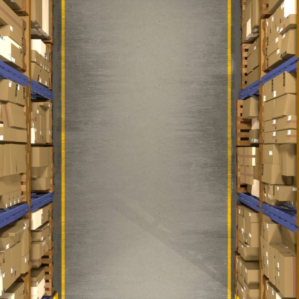 Supply chain goods with delivery order information and barcodes, items stored in depot while being in transit. Storehouse managing distribution system for retail industry. 3d render animation.